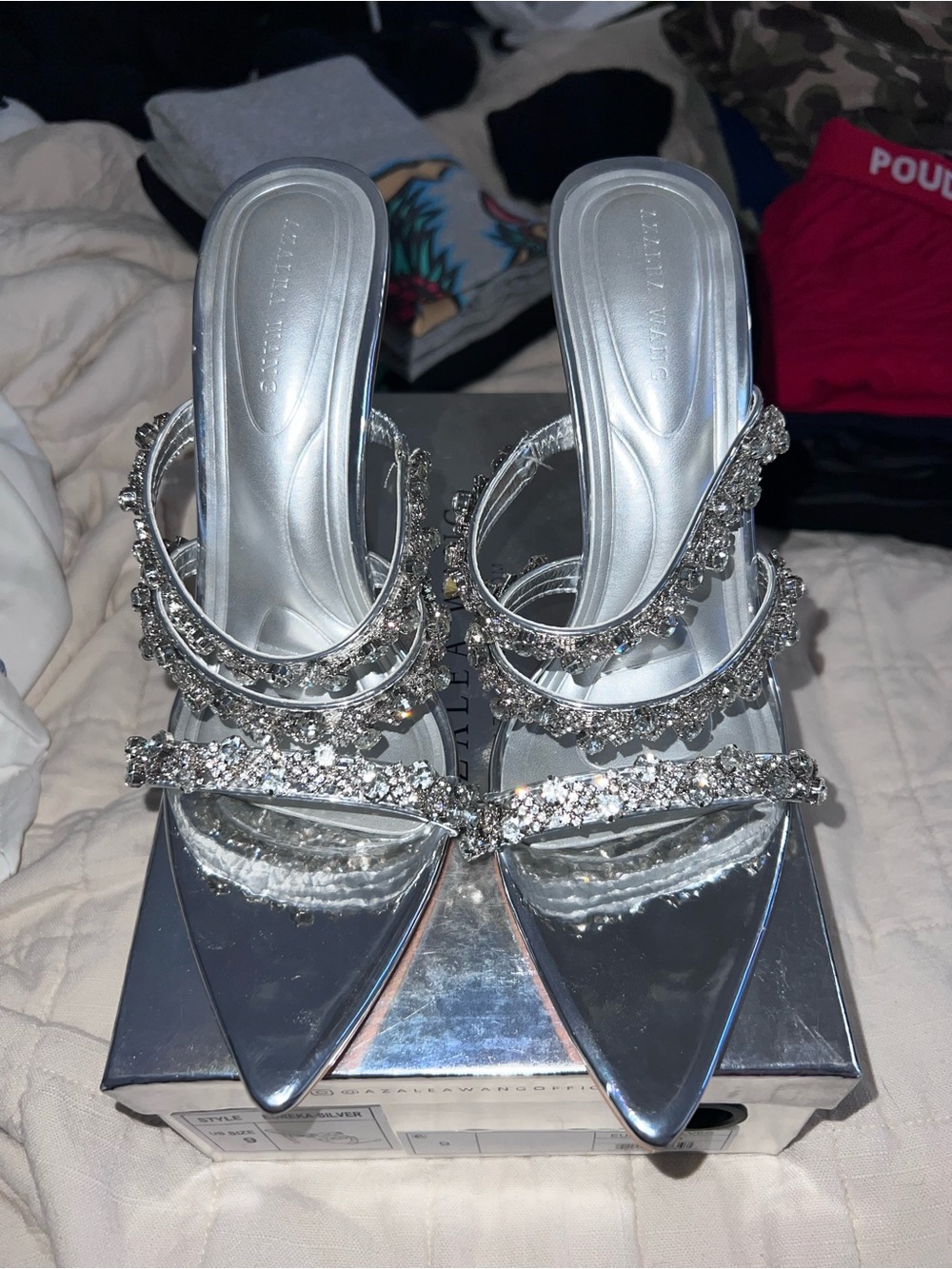 Silver Crystal-Strap Pointed Mule Heels – Women's